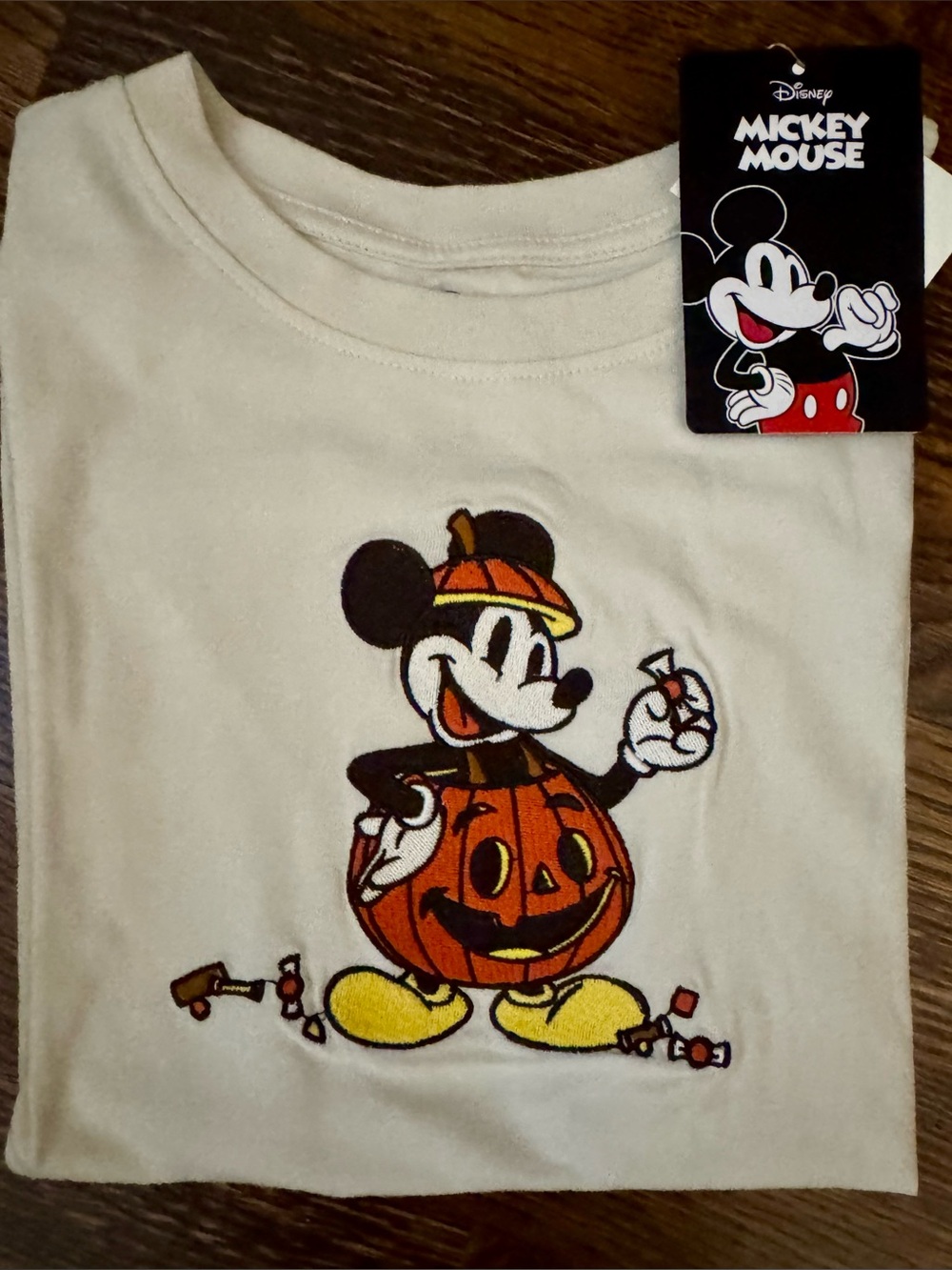 Disney Ladies Cream Mickey Halloween Pumpkin Embroidered Shirt- Small